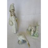 A Lladro Figure of a Girl, Lladro Duck and a group of Nao Ducks.