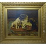Late Victorian English School; unsigned Oil on Canvas of a dog in a babies crib with a terrier and a