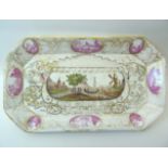 A Meissen oblong shallow Dish or pen tray painted with a centre river landscape the border painted