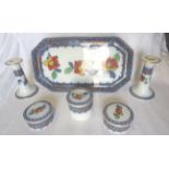 A Keeling & Co six piece Dressing Table Set decorated with flowers in orange, red, blue, etc.,