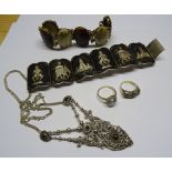 A Thai silver and niello work Bracelet, 9ct. gold stone set Dress Ring and other items.