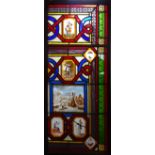 A series of four Cabinet Doors, each inset with leaded and coloured glass panels, with figures,