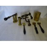 A number of brass Cartridge Filling Tools with turned wooden handles, etc.