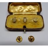 Three 9ct gold Dress Studs in a leather box, and two others, 3.6 grams.