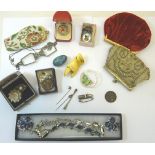 A satinwood Jewellery Box and Contents of costume jewellery, including two silver fobs, enamelled