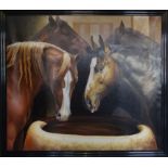 •PETER BAILEY; large Oil on Canvas of horses drinking from a trough, signed, 38" (97cms) x 46" (