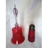 A cranberry glass Table Bell the knop handle inset with a coloured glass spiral. 11" (28cms) high (