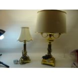A brass Corinthian column electric Table Lamp and shade and one other.