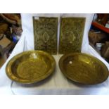 A pair of gilt brass oblong Panels with a raised pattern of leaves, etc., 14" (36cms) x 9" (