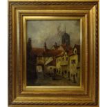 ALFRED MONTAGUE (1832-1883); a Continental town scene, oil on board, signed. 9" (23cms) x 7 1/2" (