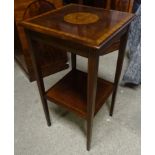 An Edwardian mahogany two tier square top Occasional Table inlaid with a circular panel of flowers