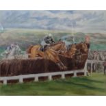 LUCILLA JONES; "Desert Orchid at The Cheltenham Gold Cup", Watercolour, signed with a monogram and