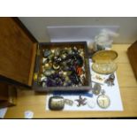 A mahogany Jewellery Box and Contents of costume jewellery including bead necklaces, etc.