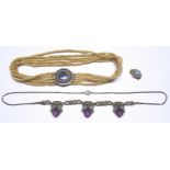 A five strand seed pearl Choker with enamel and seed pearl clasp (incomplete), a marcasite and