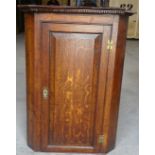 An early 19th Century oak Corner Wall Cupboard with dentil cornice enclosed by single panelled door.