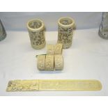 A pair of 19th Century Cantonese ivory cylindrical Vases carved and pierced with small figures,