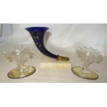 A blue glass trumpet shape Vase with gilt decoration, gloved hand base and on a marble plinth and