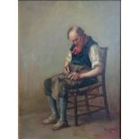 MARY HELEN SHAW; a cobbler seated in a rush seat chair working on a shoe, Oil on Board, signed and