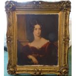 An unsigned half length Oil Portrait of a lady in large gilt frame, 32" (81cms) x 26" (66cms) and an