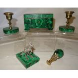 A malachite Jewellery Box with hinged cover and padded interior, 5 1/2" (14cms) wide, a gilt metal