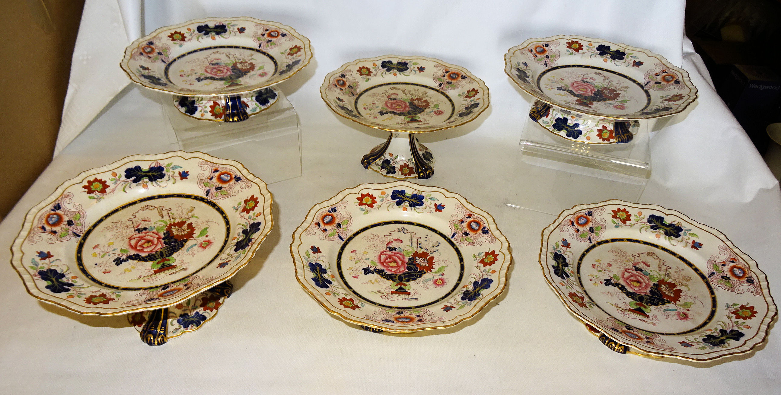 A 19th Century Masons Ironstone Dessert Service decorated with Oriental flowers comprising; two tall