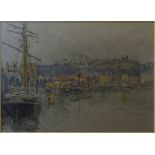 An unsigned Watercolour of Dover Harbour with Castle on the hill side. 8 1/2" (22cms) x 12" (