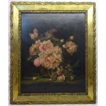 An unsigned still life Oil on Canvas of a vase of pink roses, 17" (44cms) x 14" (36cms) and an old