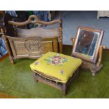 An Edwardian Foot Stool with upholstered top, a small Victorian upright swing toilet mirror and an