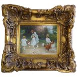 A modern Oil Painting on panel of Victorian children in a heavy gilt frame. 11 1/2" (29cms) x 15 1/