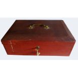 A red Documents Box with brass swans neck handle and Bramah lock. 18" (46cms) wide.