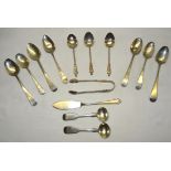 A pair of Victorian Mustard Spoons, London, 1872, seven various 19th Century teaspoons, silver