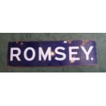 An enamel Railway Sign 'Romsey'. 13" (33cms) x 44" (112cms).