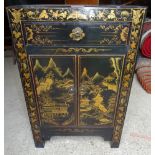 A small Oriental black and gilt lacquered Cupboard decorated with landscapes and enclosed by a