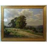 WILLIAM GREAVES; shepherd and sheep on a country lane, Oil on Board, signed and dated 1918. 13" (