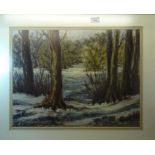 JOAN K DODDS; Pastel Drawing of a winter woodland scene, signed. 15" (36cms) x 21" (53cms).