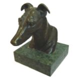 •SALLY ARNUP (b.1930); a Bronze study of a greyhounds head on a square marble base, signed and