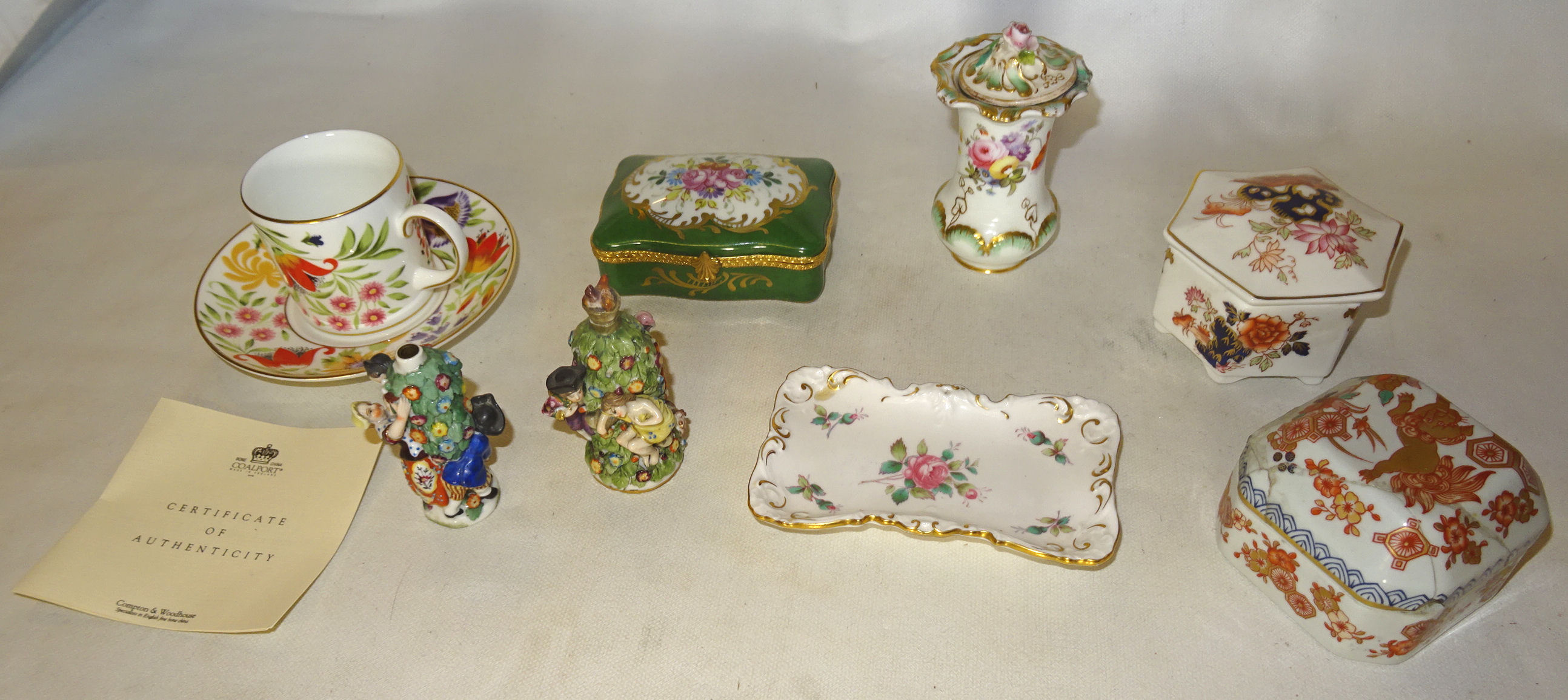 A Limoges Trinket Box and cover painted with flowers on a green ground and with gilt metal mounts, a