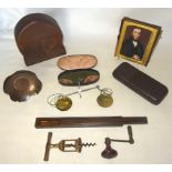 A set of travelling balance Scales, miniature portrait, corkscrew, clock winder and other items.