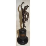 A bronze figure of Mercury on a wooden plinth and with presentation plaque, dated 1925. 11" (