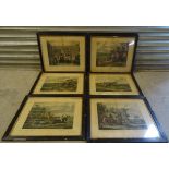 A set of six Bachelors Hall coloured Hunting Prints in reeded ebonised frames.