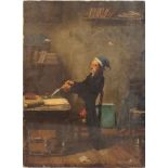 An unsigned Victorian Oil on Canvas of man seated at an office table, holding a quill pen. 16" (