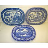 A 19th Century Wild Rose pattern earthenware Meat Plate decorated in blue and white, together with