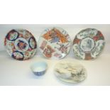 Four various Japanese pottery Plates and a Japanese blue and white bowl.