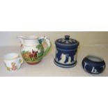 An Adams Ware blue Jasper Ware Biscuit Barrel and cover, a similar bowl, Wedgwood John Peel jug