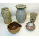 A Jill Dick Coxwold pottery Vase and four various other Studio pottery vases.