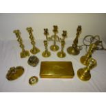 A box of assorted Brass ware including three pairs of candlesticks, etc.