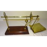 A set of brass Avery Postal Scales on a mahogany plinth.