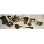 A plated oval three piece Teaset, 19th century Mug with loop handle and pedestal foot, pewter Ladle,