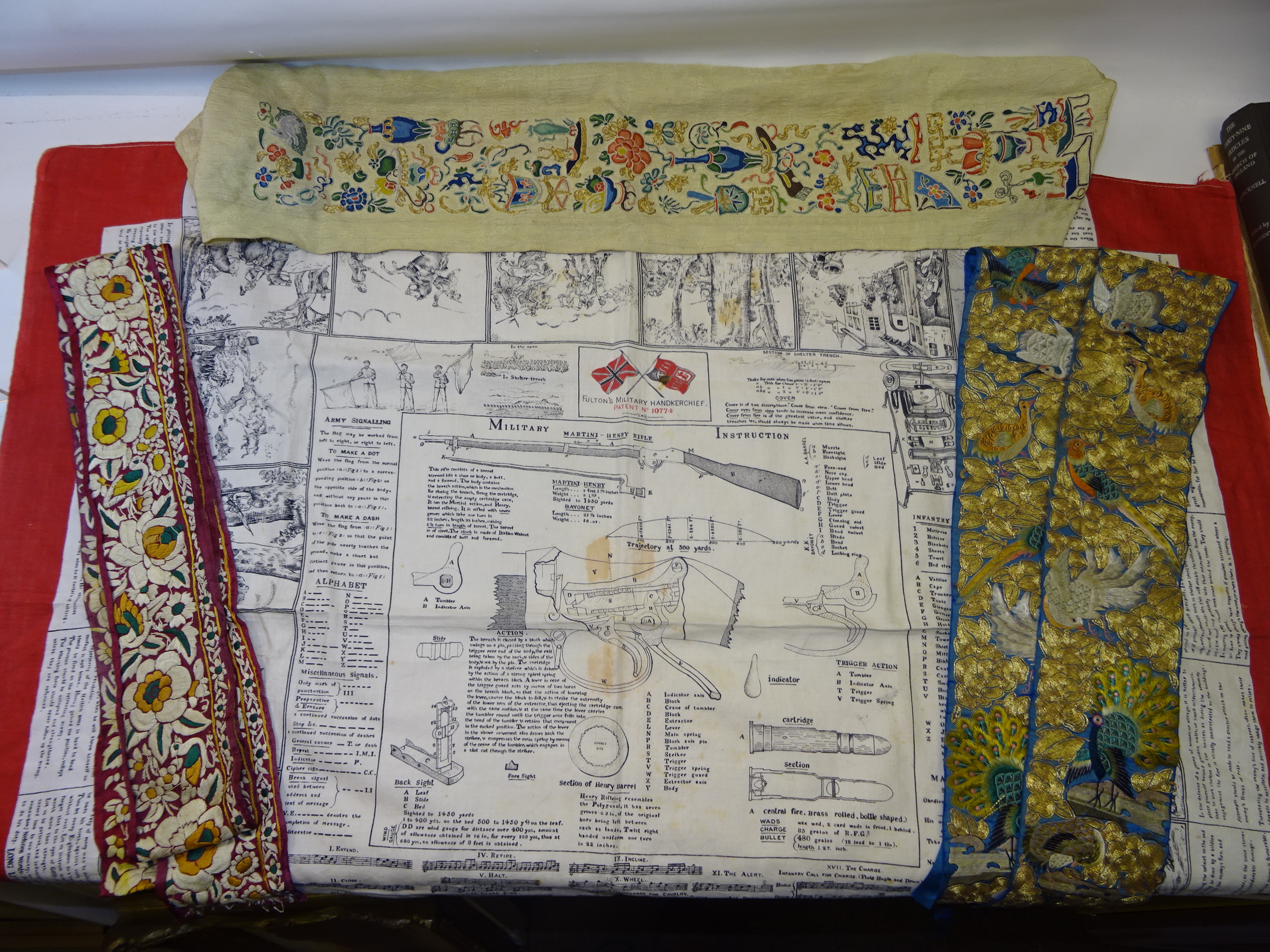 A Fulton's Military Handkerchief, a pair of Chinese embroidered Silk Panels, and two others.