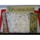 A Fulton's Military Handkerchief, a pair of Chinese embroidered Silk Panels, and two others.